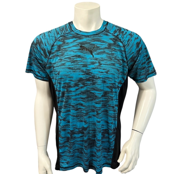 Puma Men’s  Athletic T-Shirt Blue Black Striped Logo Short Sleeve M - Picture 1 of 6